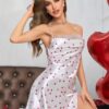 Kadın Beyaz Fuşya Kalp Desenli saten Gecelik 2219 - Thumbnail Image 2