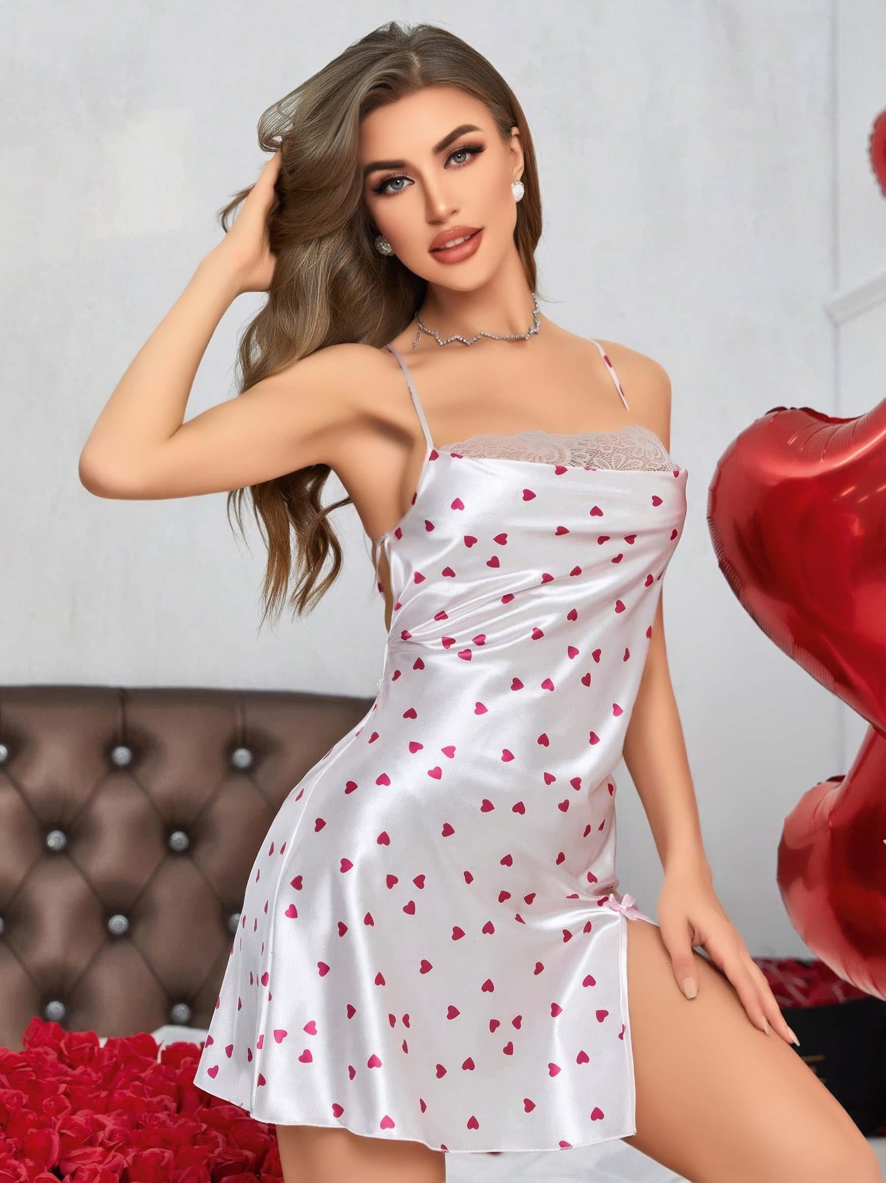 Kadın Beyaz Fuşya Kalp Desenli saten Gecelik 2219 - Görsel 5