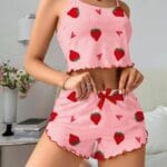 Kadın Pembe Çilek desenli Şortlu Pijama Takımı 5056