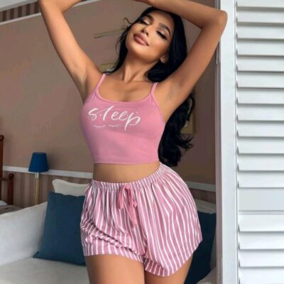 Kadın pembe çizgili desen Askılı Şortlu Pijama Takım 5002