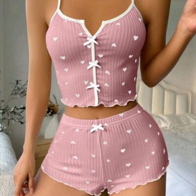 Kadın Pembe Kalpli Askılı Şortlu Pijama Takım 5009