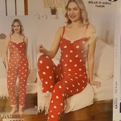 Kadın Kalp Desenli Askılı Uzun Pijama Takımı