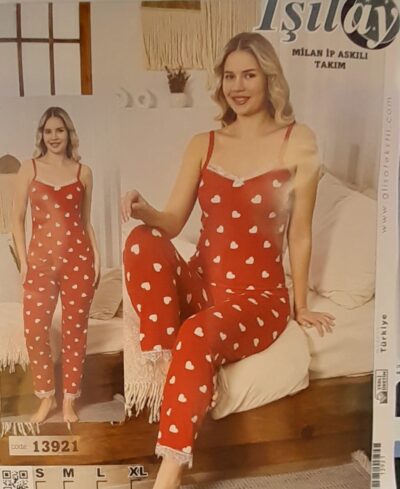Kadın Kalp Desenli Askılı Uzun Pijama Takımı