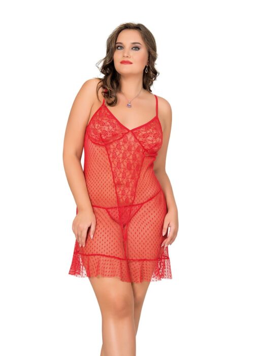 Moongirl BT-10053 Battal Beden Bayan Tül Gecelik KIRMIZI - 2XL