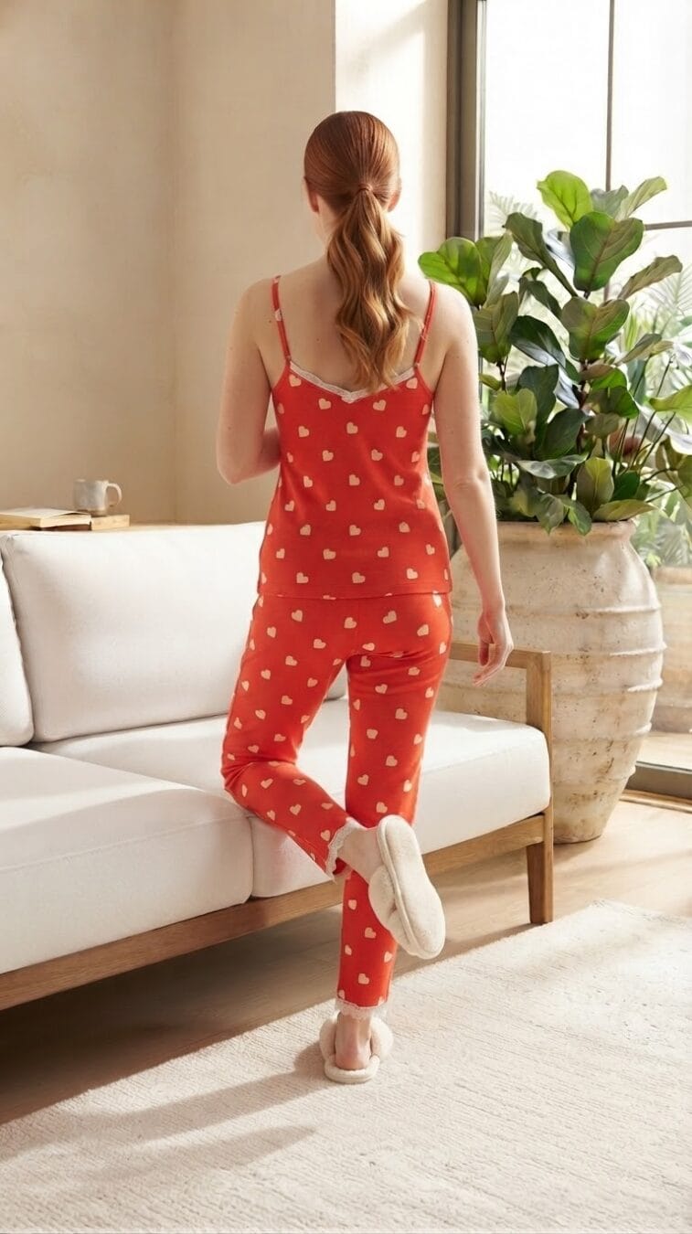 Kadın Kalp Desenli Askılı Uzun Pijama Takımı - Görsel 4