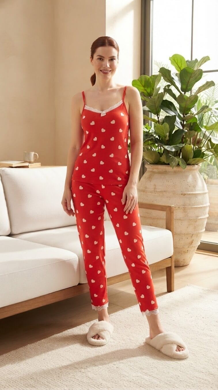 Kadın Kalp Desenli Askılı Uzun Pijama Takımı - Görsel 2