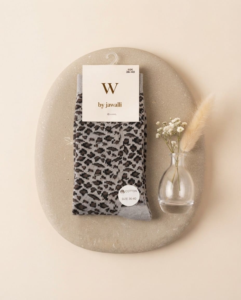 W by Jawalli 590 Leopar Desenli Pamuklu Soket Çorap - 590 - Görsel 7