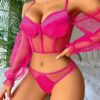 Fuşya Pembe Balenli Tül Detaylı Baybdoll Takımı (Çıkarılabilir Tül Kollu) -2020 - Thumbnail Image 3